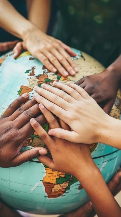 Many hands of different skin tones resting together on a globe